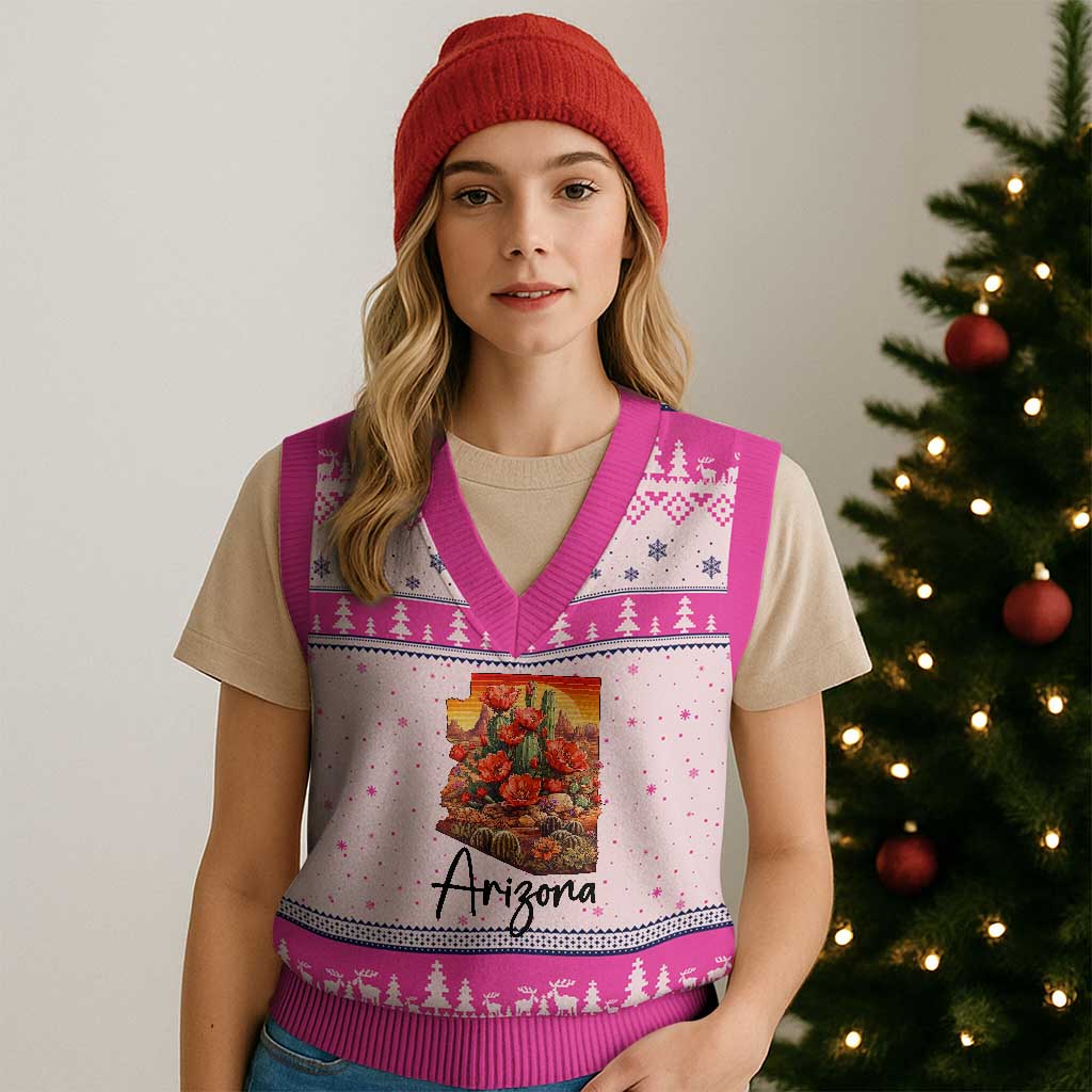 Arizona Map Blooming Cactus Flowers Gift V-Neck Knit Sweater Vest TS12 Hot Pink Print Your Wear
