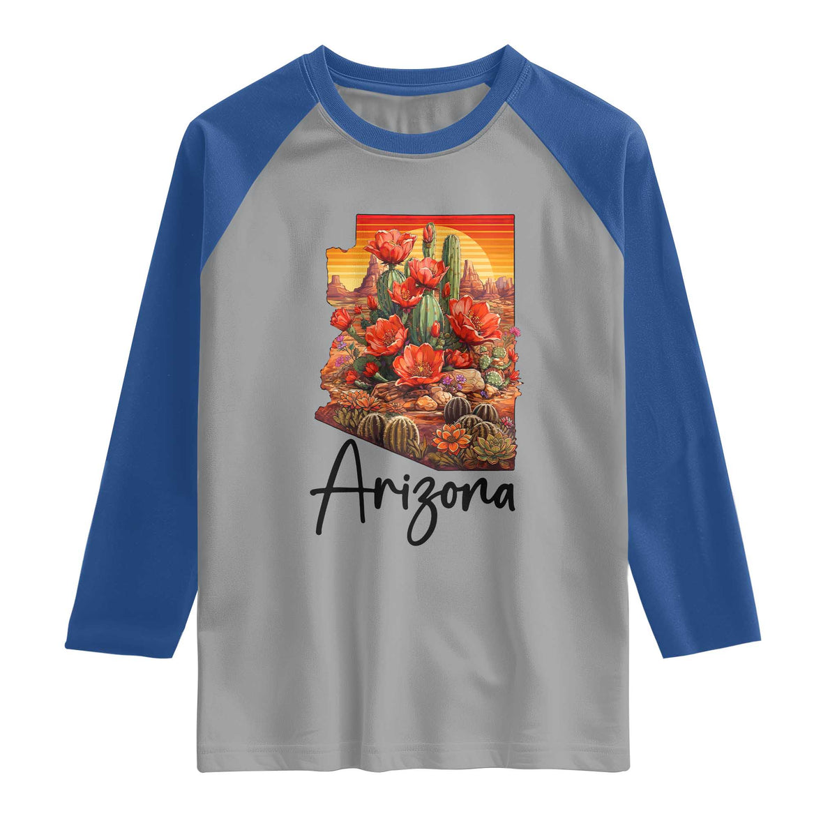 Arizona Map Blooming Cactus Flowers Gift Raglan Shirt TS12 Sport Gray Royal Print Your Wear