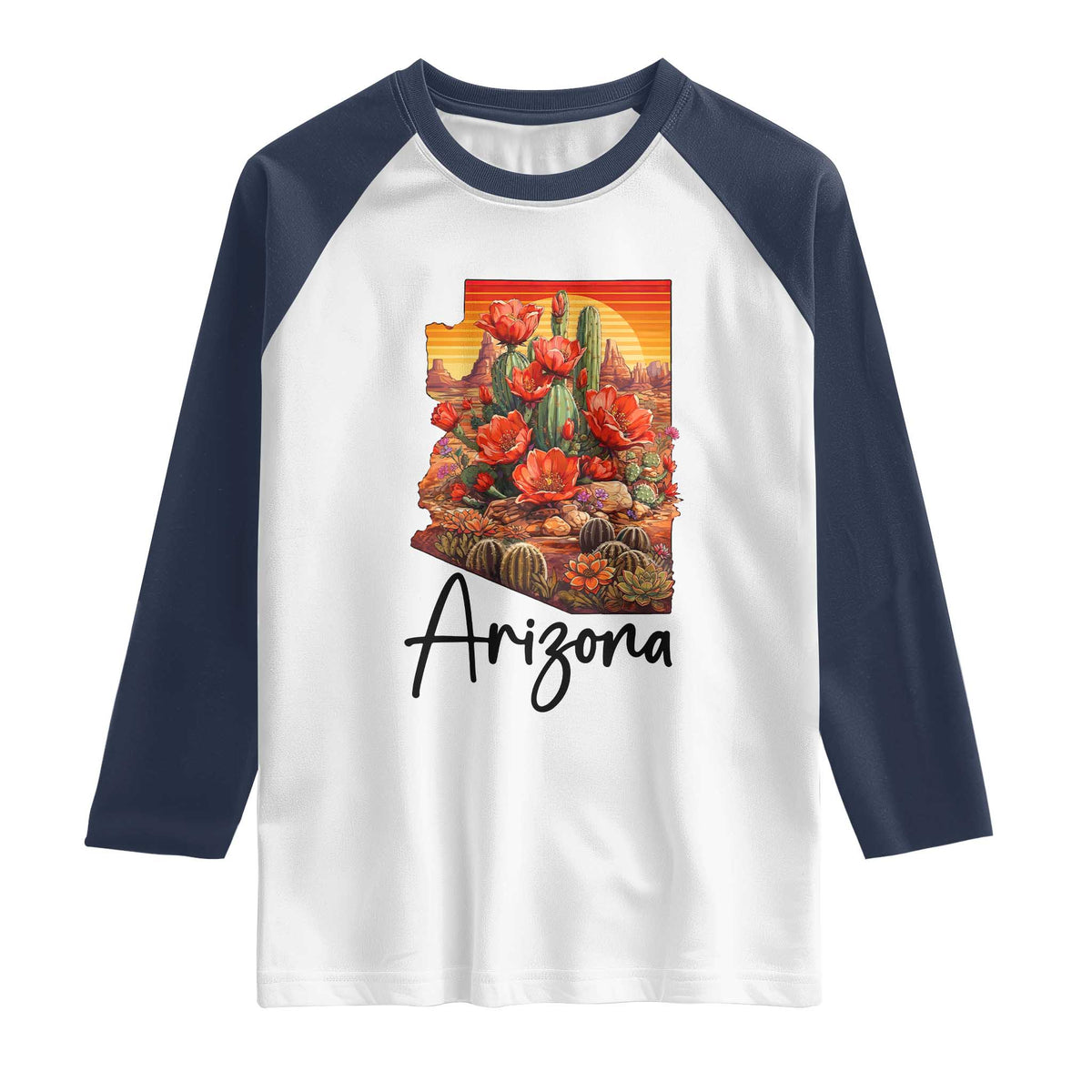 Arizona Map Blooming Cactus Flowers Gift Raglan Shirt TS12 White Navy Print Your Wear
