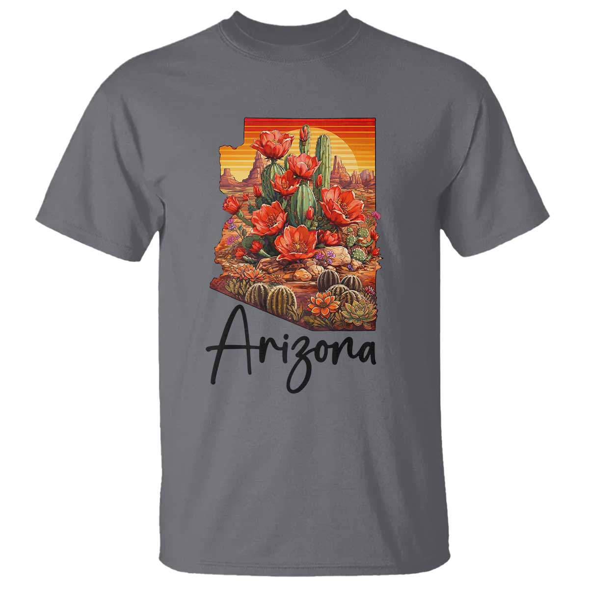 Arizona Map Blooming Cactus Flowers Gift T Shirt TS12 Charcoal Print Your Wear
