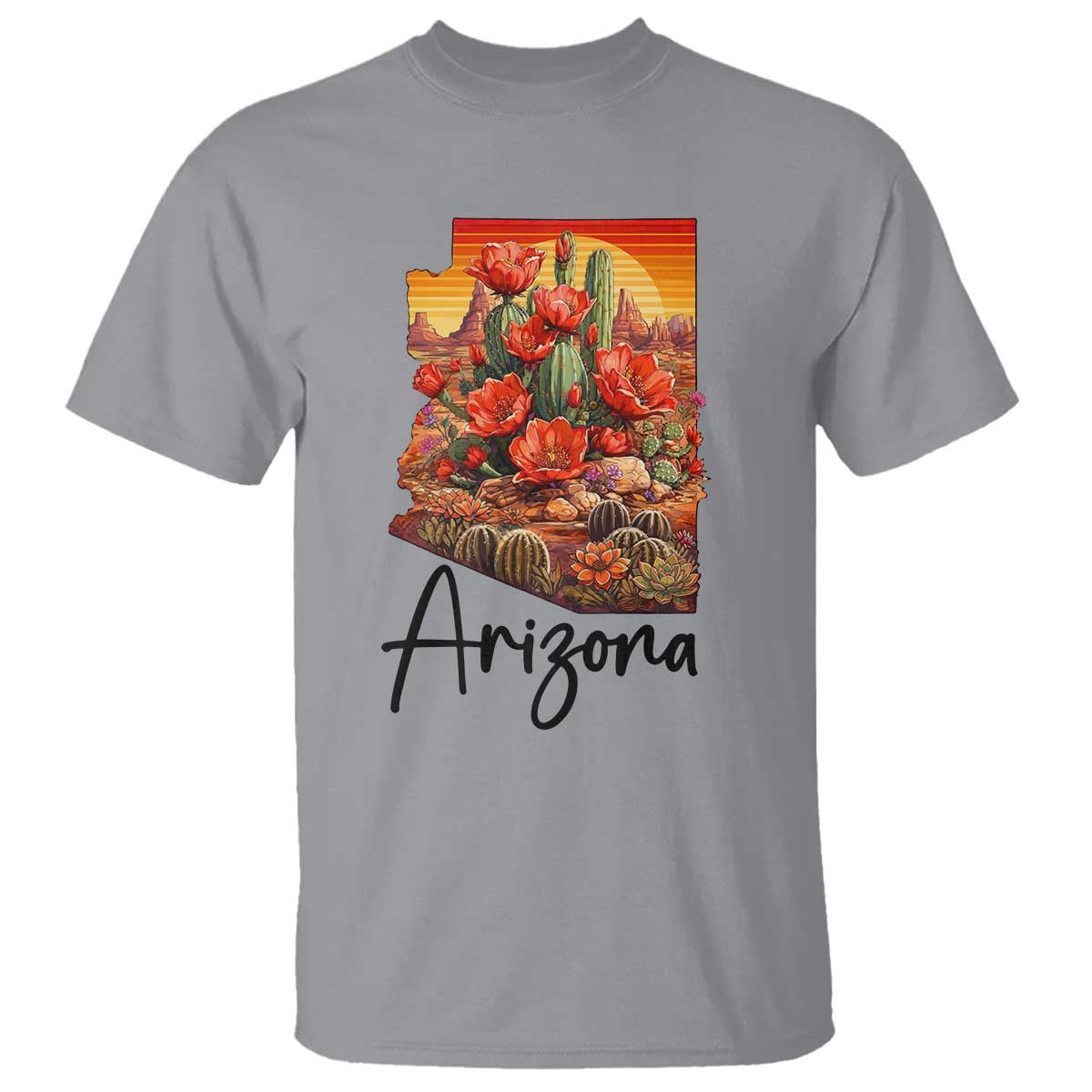 Arizona Map Blooming Cactus Flowers Gift T Shirt TS12 Sport Gray Print Your Wear