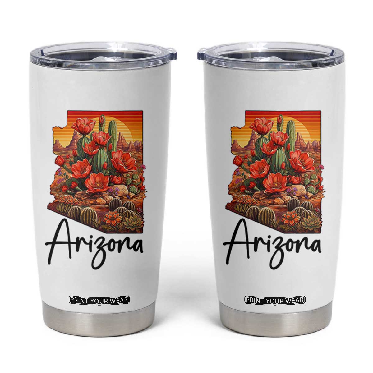 Arizona Map Blooming Cactus Flowers Gift Tumbler Cup TS12 White Print Your Wear