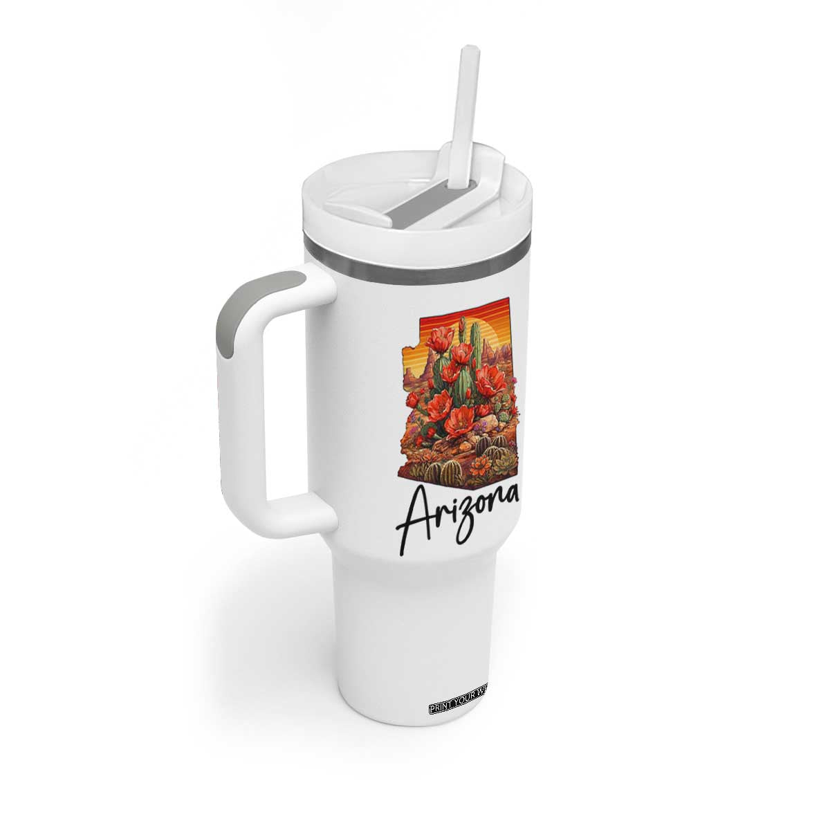 Arizona Map Blooming Cactus Flowers Gift Tumbler With Handle TS12 Print Your Wear