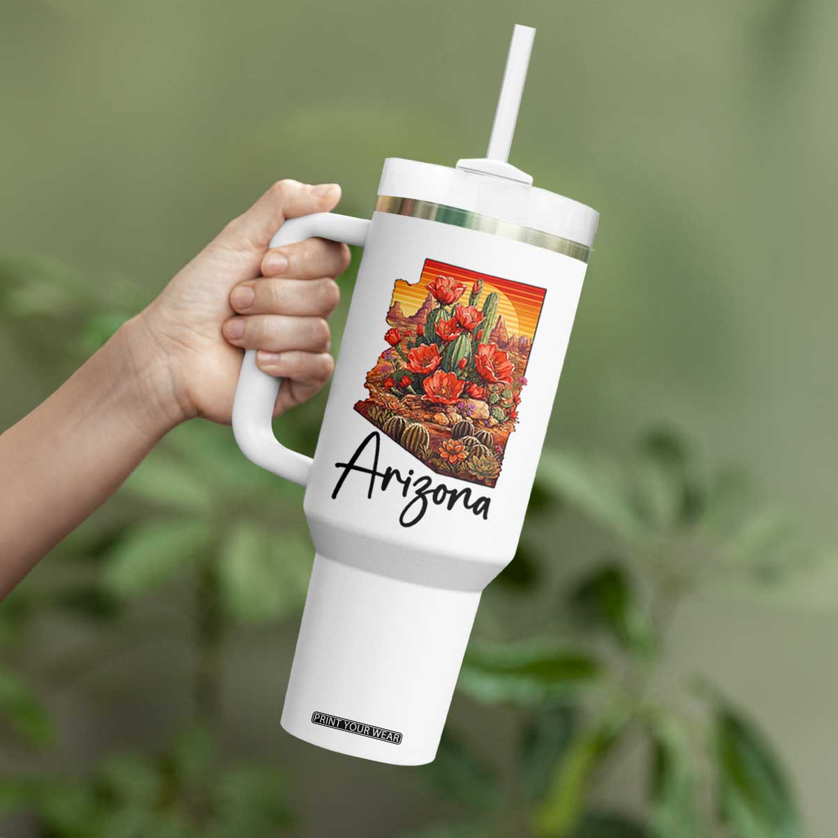Arizona Map Blooming Cactus Flowers Gift Tumbler With Handle TS12 Print Your Wear