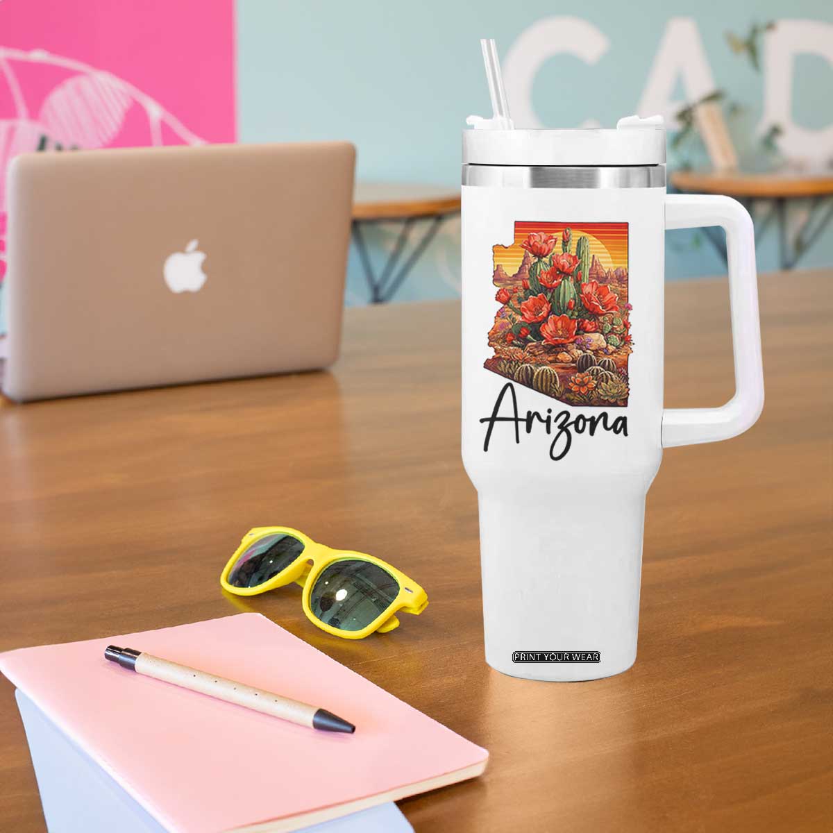 Arizona Map Blooming Cactus Flowers Gift Tumbler With Handle TS12 Print Your Wear