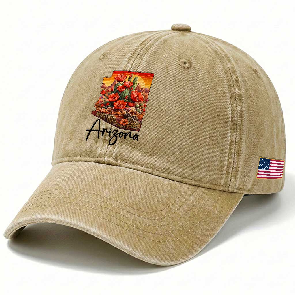 Arizona Map Blooming Cactus Flowers Gift Washed Cotton Baseball Cap TS12 Print Your Wear