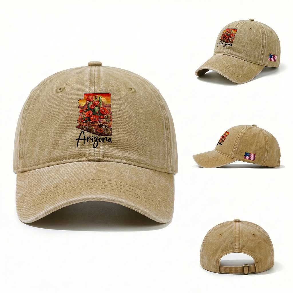 Arizona Map Blooming Cactus Flowers Gift Washed Cotton Baseball Cap TS12 Washed Cap Universal Fit Khaki Print Your Wear