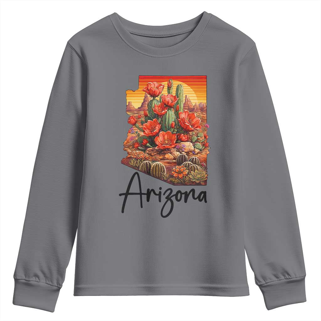 Arizona Map Blooming Cactus Flowers Gift Youth Sweatshirt TS12 Charcoal Print Your Wear