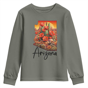 Arizona Map Blooming Cactus Flowers Gift Youth Sweatshirt TS12 Military Green Print Your Wear