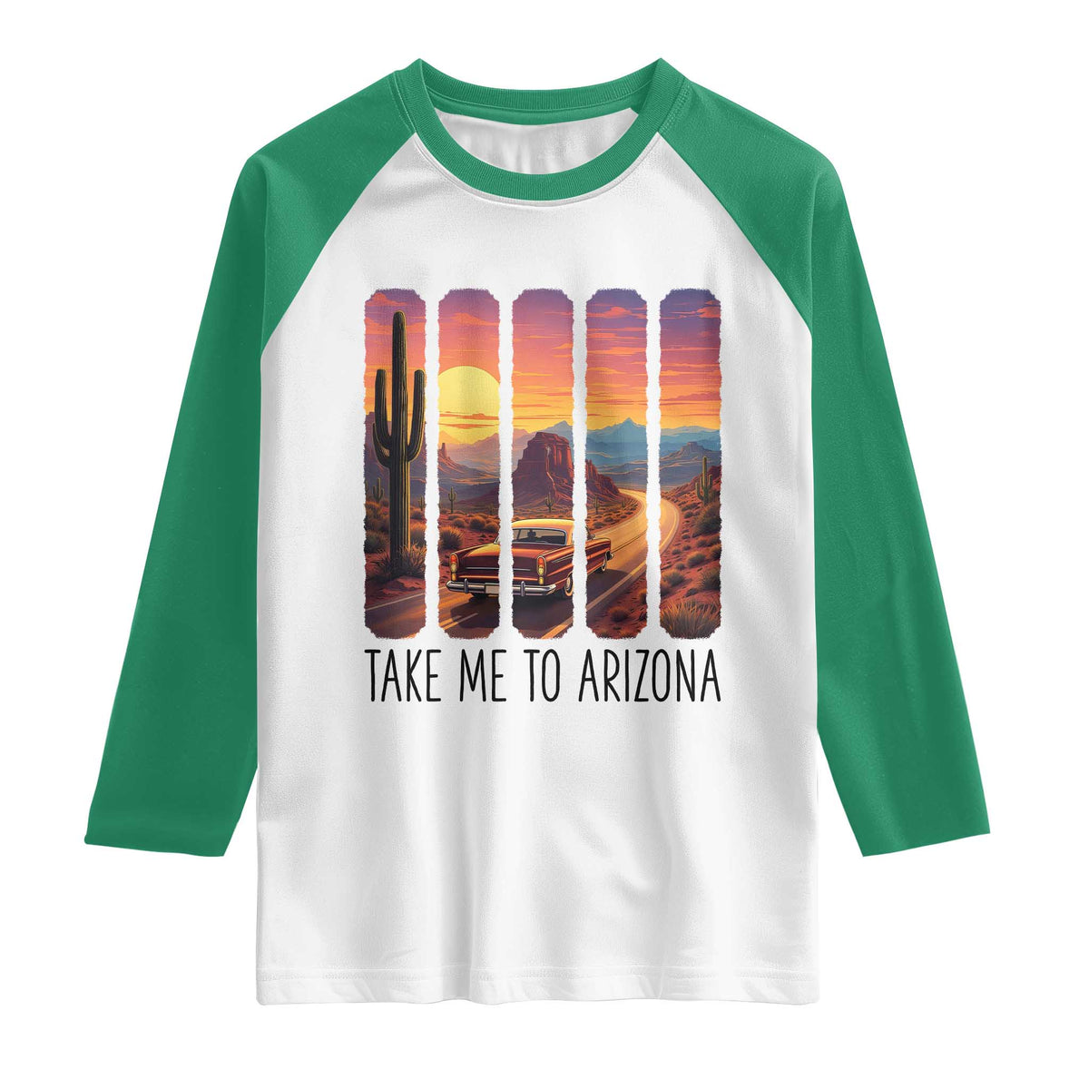 Arizona Desert Cactus Western Adventure Raglan Shirt Take Me To AZ TS12 White Kelly Green Print Your Wear