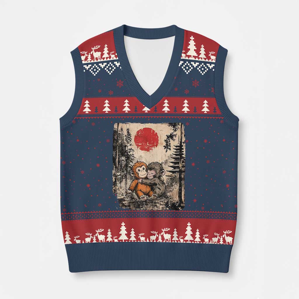 Vintage Japanese Ukiyoe Punch Baby Monkey V-Neck Knit Sweater Vest Kawaii Animal Gift TS12 Navy Red Print Your Wear