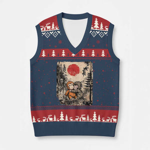 Vintage Japanese Ukiyoe Punch Baby Monkey V-Neck Knit Sweater Vest Kawaii Animal Gift TS12 Navy Red Print Your Wear