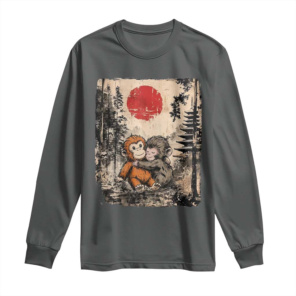 Vintage Japanese Ukiyoe Punch Baby Monkey Long Sleeve Shirt Kawaii Animal Gift TS12 Dark Heather Print Your Wear