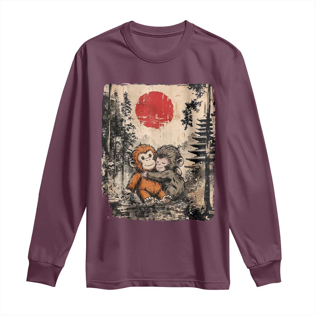 Vintage Japanese Ukiyoe Punch Baby Monkey Long Sleeve Shirt Kawaii Animal Gift TS12 Maroon Print Your Wear
