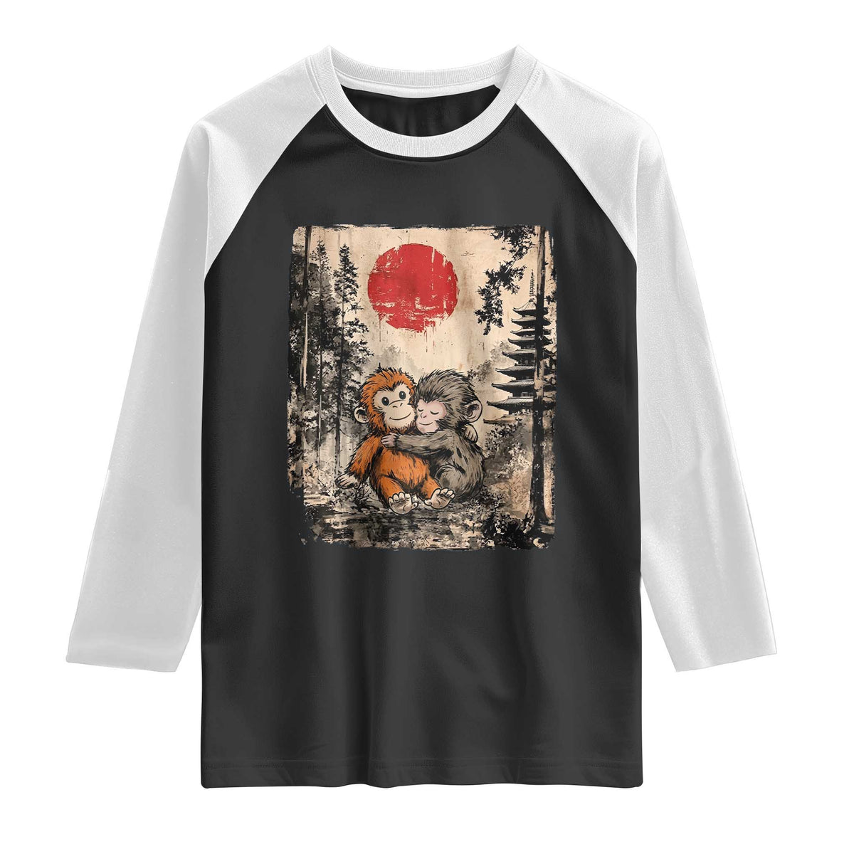 Vintage Japanese Ukiyoe Punch Baby Monkey Raglan Shirt Kawaii Animal Gift TS12 Black White Print Your Wear