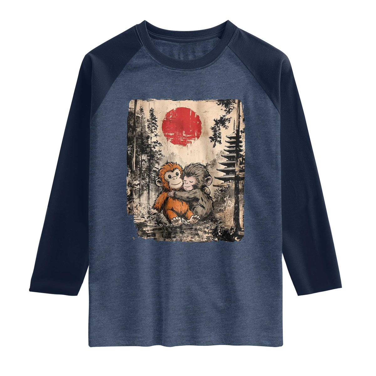 Vintage Japanese Ukiyoe Punch Baby Monkey Raglan Shirt Kawaii Animal Gift TS12 Heather Denim Navy Print Your Wear