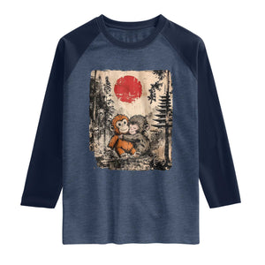 Vintage Japanese Ukiyoe Punch Baby Monkey Raglan Shirt Kawaii Animal Gift TS12 Heather Denim Navy Print Your Wear
