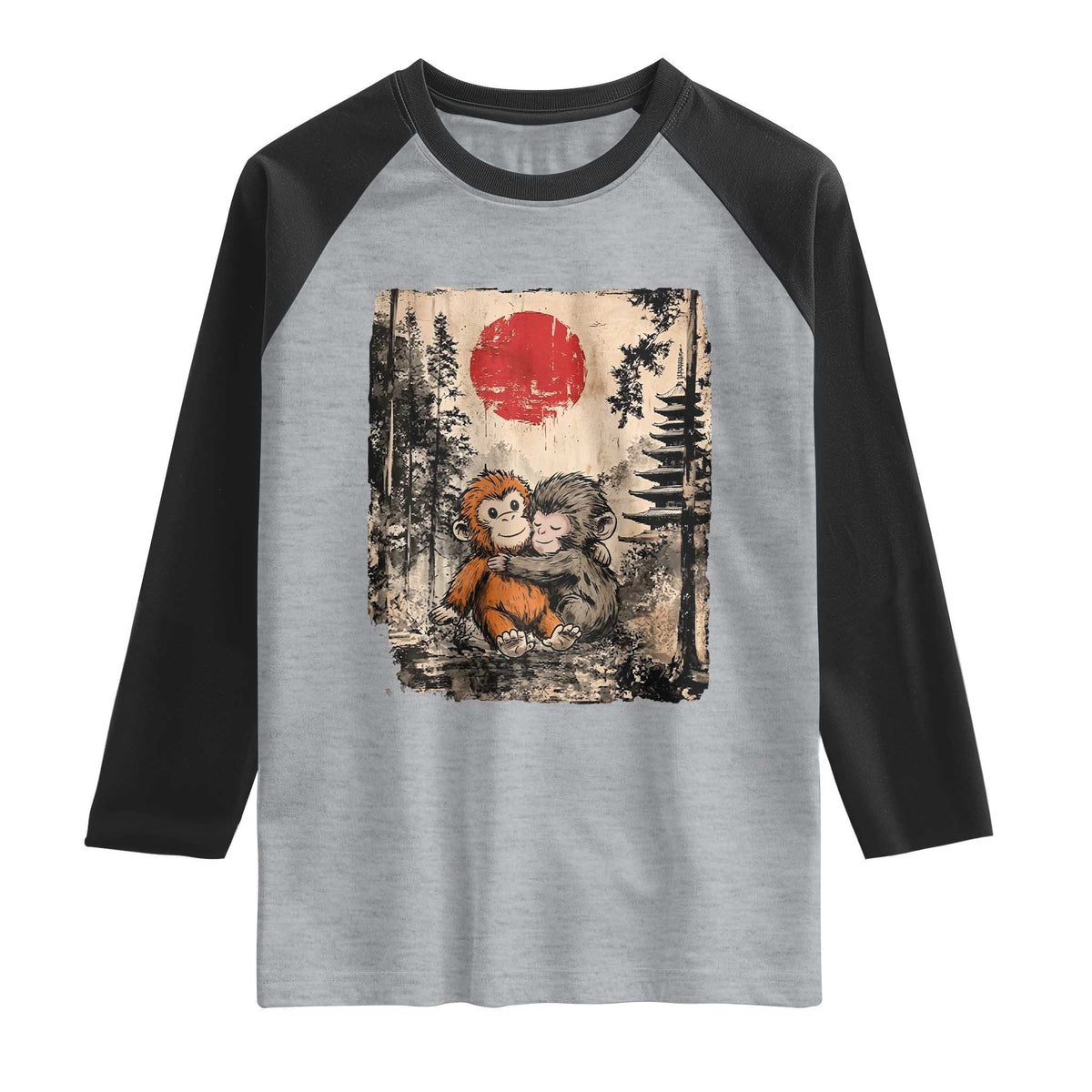Vintage Japanese Ukiyoe Punch Baby Monkey Raglan Shirt Kawaii Animal Gift TS12 Heather Gray Black Print Your Wear