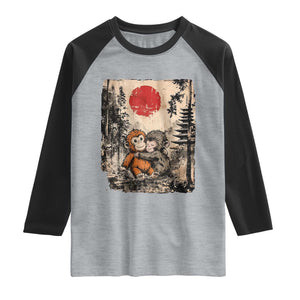 Vintage Japanese Ukiyoe Punch Baby Monkey Raglan Shirt Kawaii Animal Gift TS12 Heather Gray Black Print Your Wear