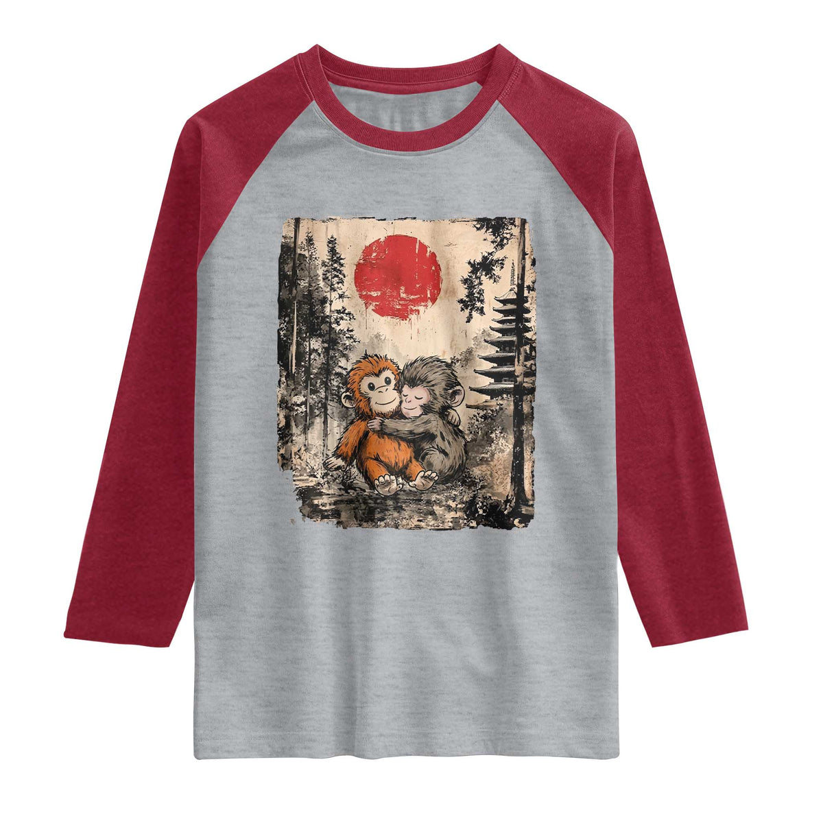 Vintage Japanese Ukiyoe Punch Baby Monkey Raglan Shirt Kawaii Animal Gift TS12 Heather Gray Heather Red Print Your Wear