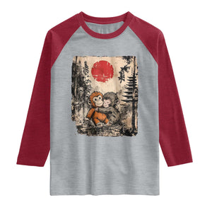 Vintage Japanese Ukiyoe Punch Baby Monkey Raglan Shirt Kawaii Animal Gift TS12 Heather Gray Heather Red Print Your Wear