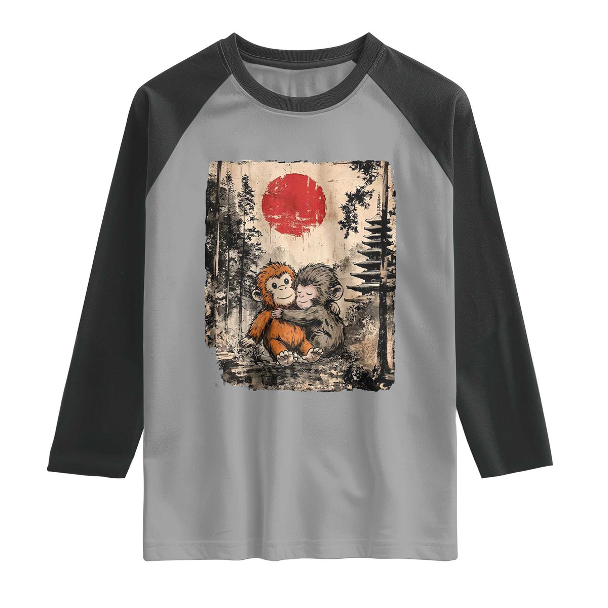 Vintage Japanese Ukiyoe Punch Baby Monkey Raglan Shirt Kawaii Animal Gift TS12 Sport Gray Black Print Your Wear