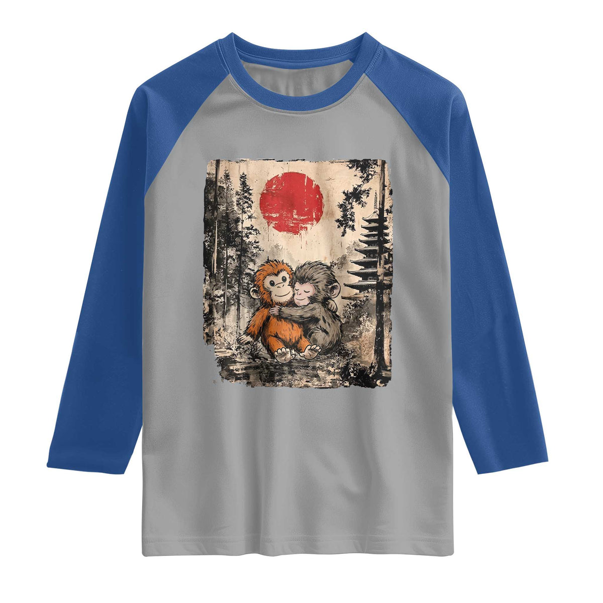 Vintage Japanese Ukiyoe Punch Baby Monkey Raglan Shirt Kawaii Animal Gift TS12 Sport Gray Royal Print Your Wear