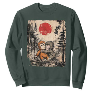 Vintage Japanese Ukiyoe Punch Baby Monkey Sweatshirt Kawaii Animal Gift TS12 Dark Forest Green Print Your Wear
