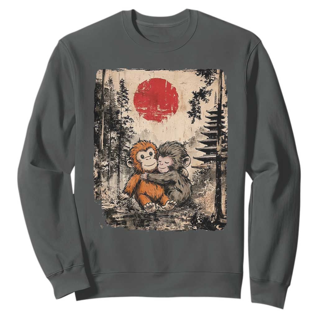 Vintage Japanese Ukiyoe Punch Baby Monkey Sweatshirt Kawaii Animal Gift TS12 Dark Heather Print Your Wear