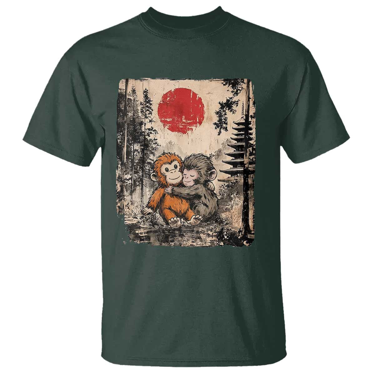 Vintage Japanese Ukiyoe Punch Baby Monkey T Shirt Kawaii Animal Gift TS12 Dark Forest Green Print Your Wear