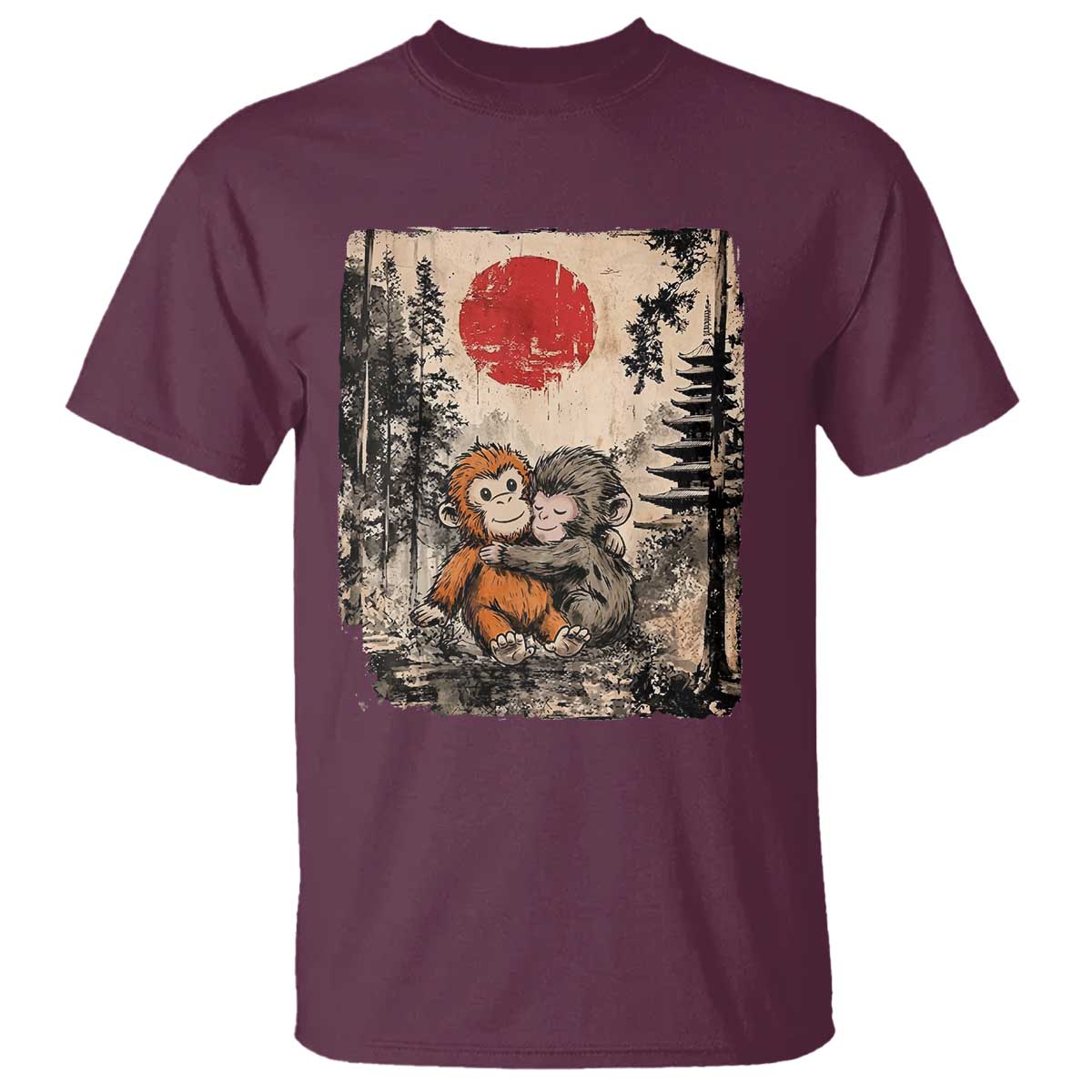 Vintage Japanese Ukiyoe Punch Baby Monkey T Shirt Kawaii Animal Gift TS12 Maroon Print Your Wear