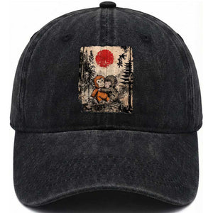 Vintage Japanese Ukiyoe Punch Baby Monkey Washed Cotton Baseball Cap Kawaii Animal Gift TS12 Print Your Wear