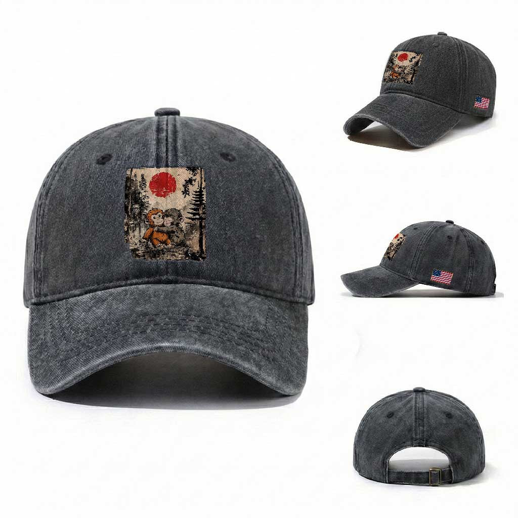 Vintage Japanese Ukiyoe Punch Baby Monkey Washed Cotton Baseball Cap Kawaii Animal Gift TS12 Washed Cap Universal Fit Dark Gray Print Your Wear