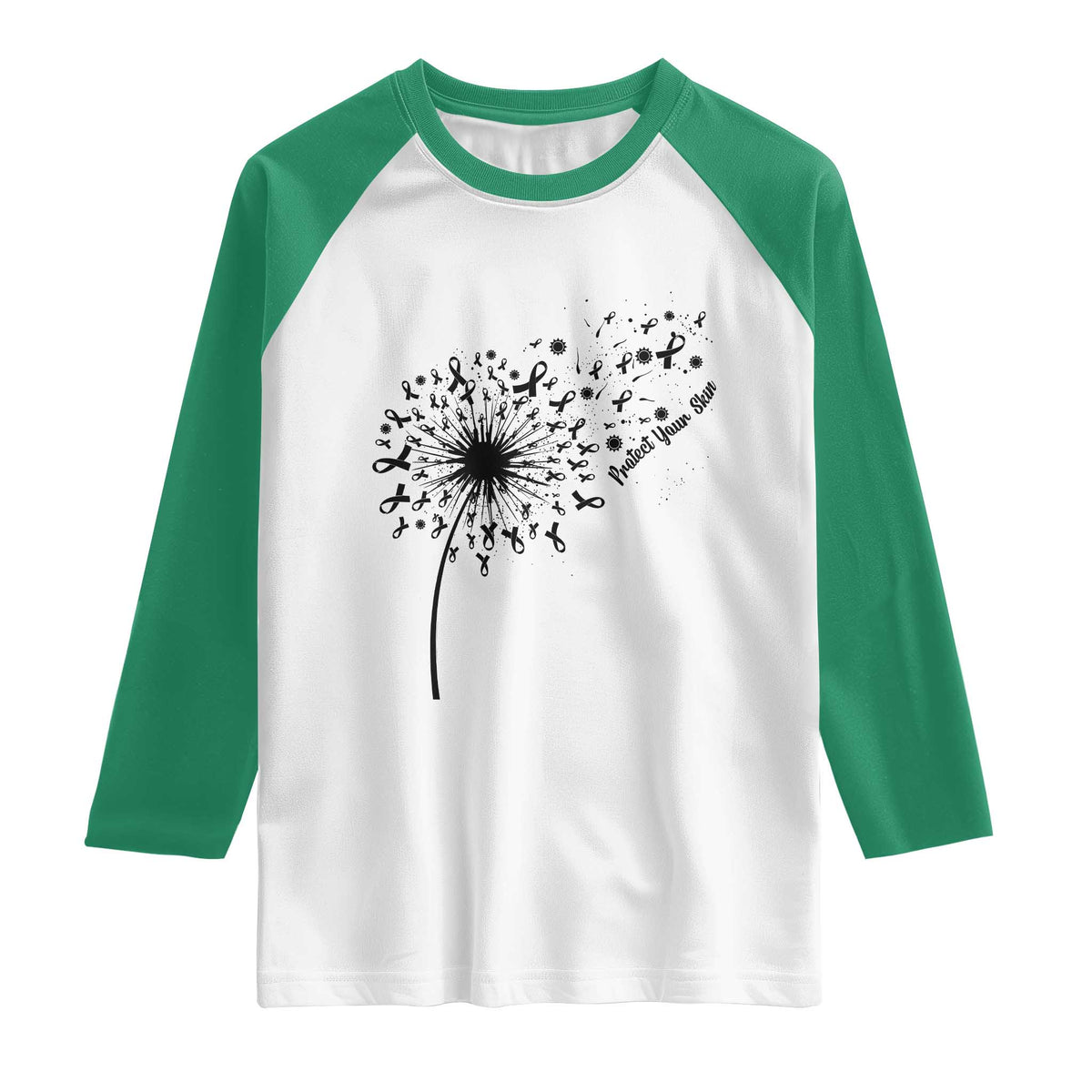Protect Your Skin Raglan Shirt Melanoma Awareness Dandelion Gift TS12 White Kelly Green Print Your Wear