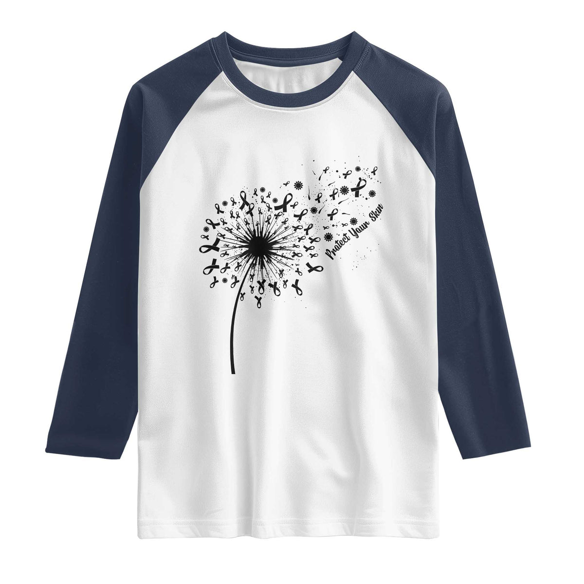 Protect Your Skin Raglan Shirt Melanoma Awareness Dandelion Gift TS12 White Navy Print Your Wear