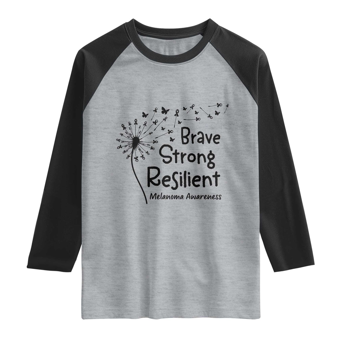 Brave Strong Resilient Raglan Shirt Melanoma Warrior Dandelion Gift TS12 Heather Gray Black Print Your Wear