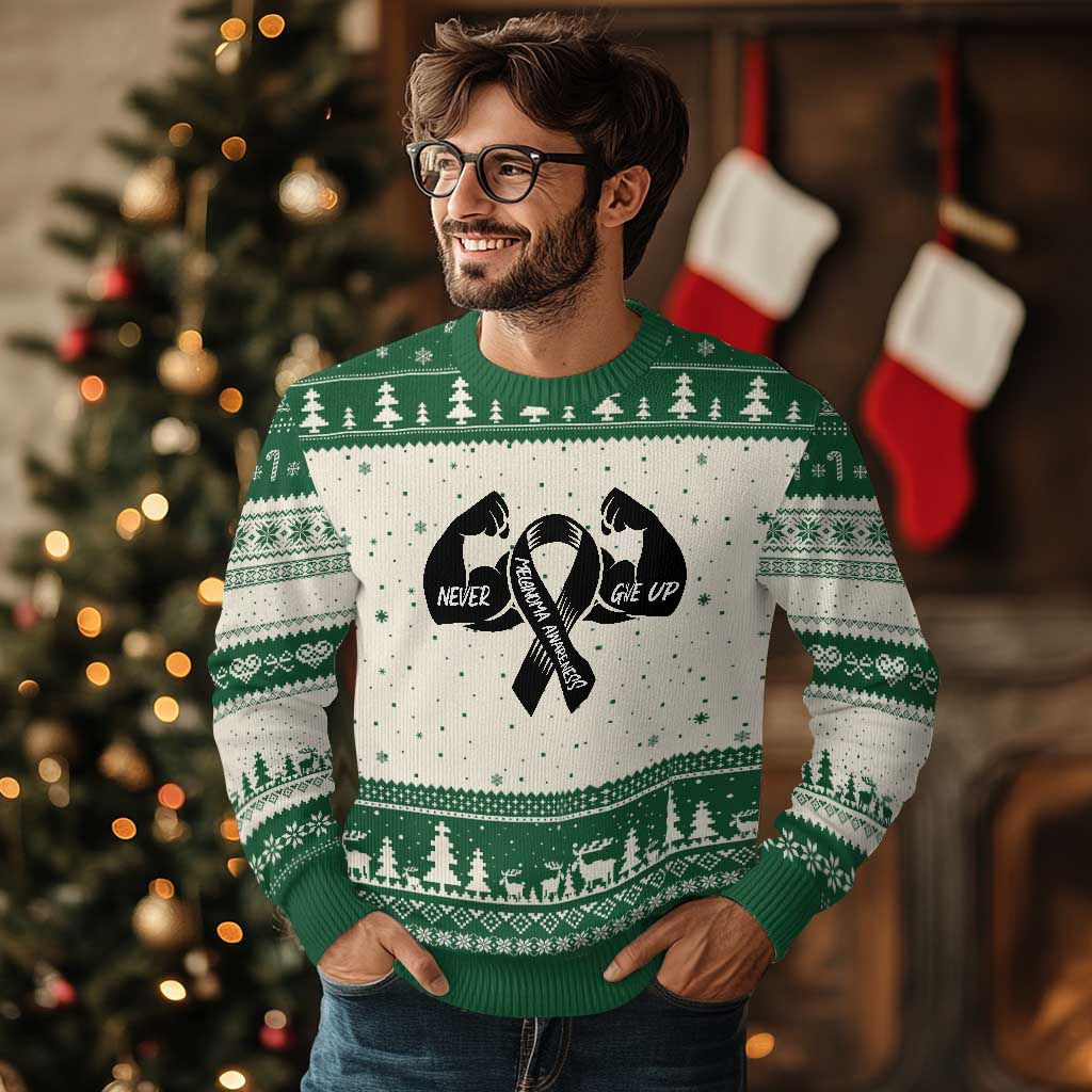 Melanoma Awareness Warrior Ugly Christmas Sweater Never Give Up TS12 Beige Green Print Your Wear