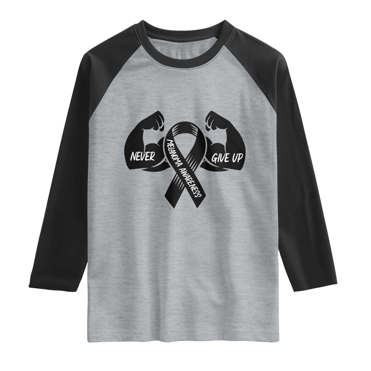 Melanoma Awareness Warrior Raglan Shirt Never Give Up TS12 Heather Gray Black Print Your Wear