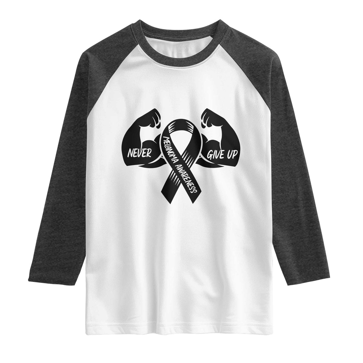 Melanoma Awareness Warrior Raglan Shirt Never Give Up TS12 White Heather Charcoal Print Your Wear