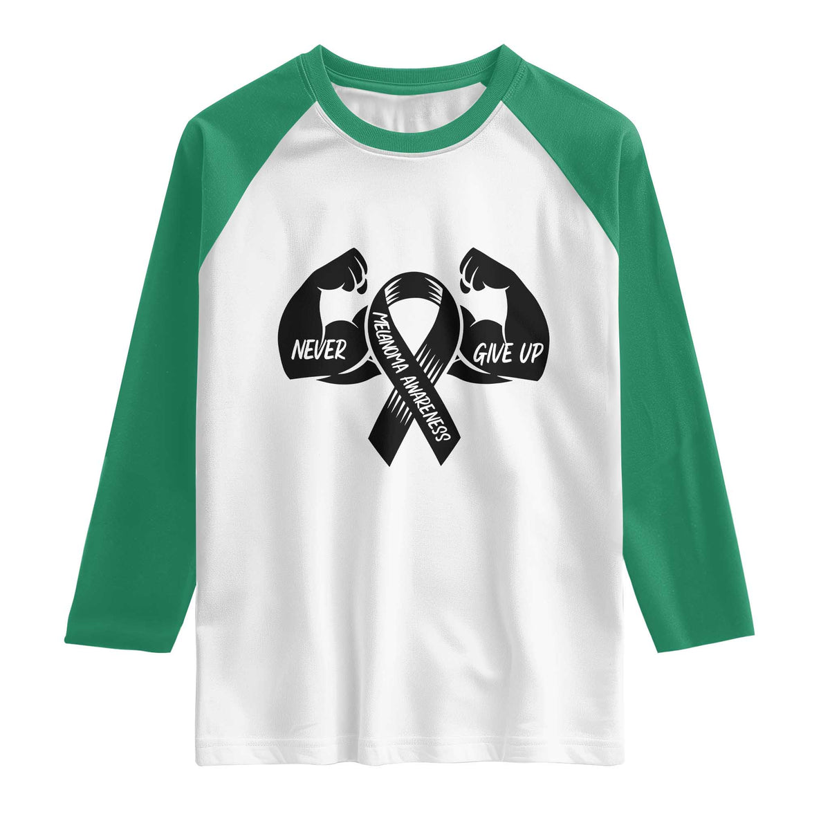 Melanoma Awareness Warrior Raglan Shirt Never Give Up TS12 White Kelly Green Print Your Wear