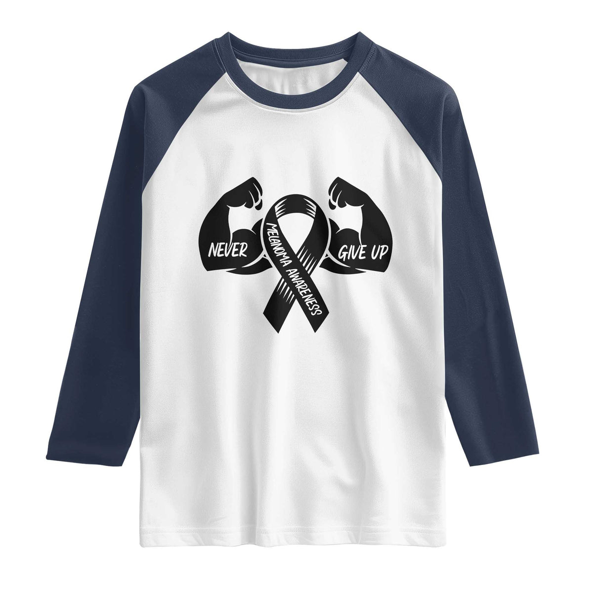 Melanoma Awareness Warrior Raglan Shirt Never Give Up TS12 White Navy Print Your Wear