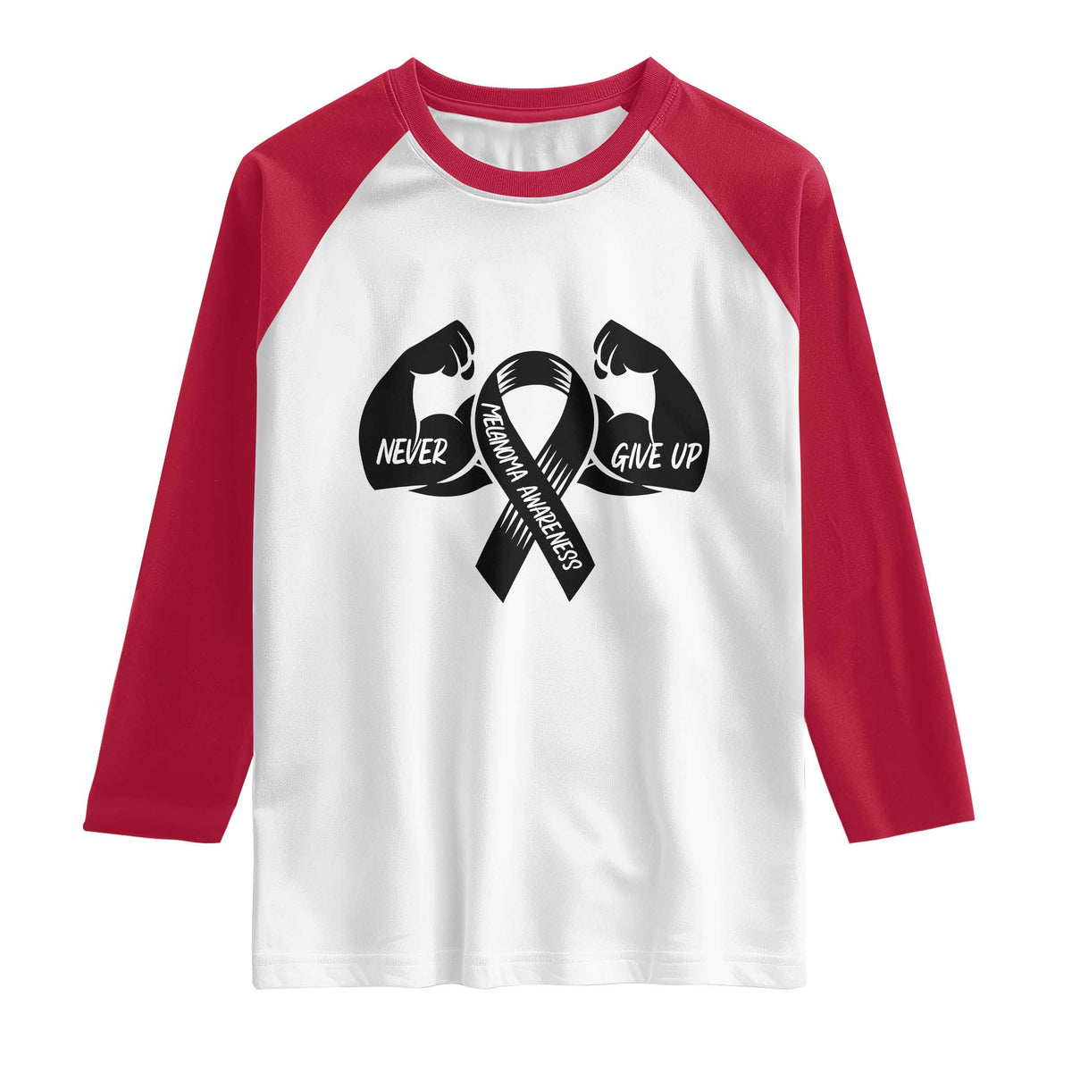 Melanoma Awareness Warrior Raglan Shirt Never Give Up TS12 White Red Print Your Wear