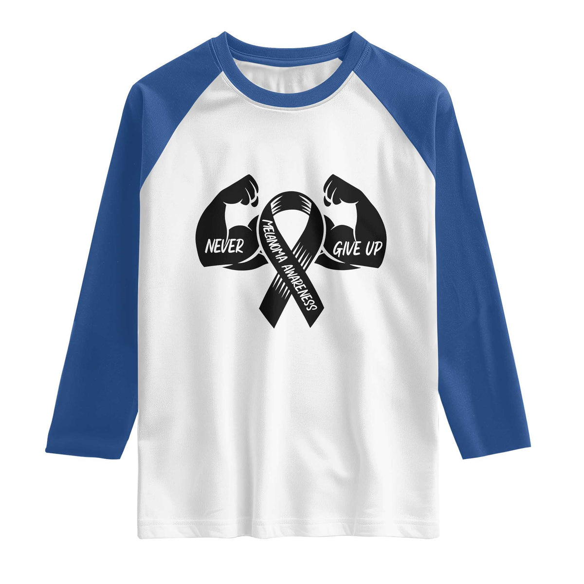 Melanoma Awareness Warrior Raglan Shirt Never Give Up TS12 White Royal Print Your Wear