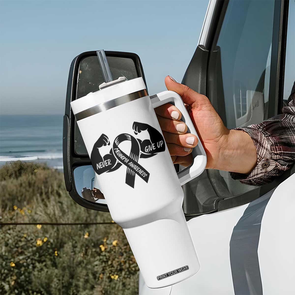 Melanoma Awareness Warrior Tumbler With Handle Never Give Up TS12 Print Your Wear