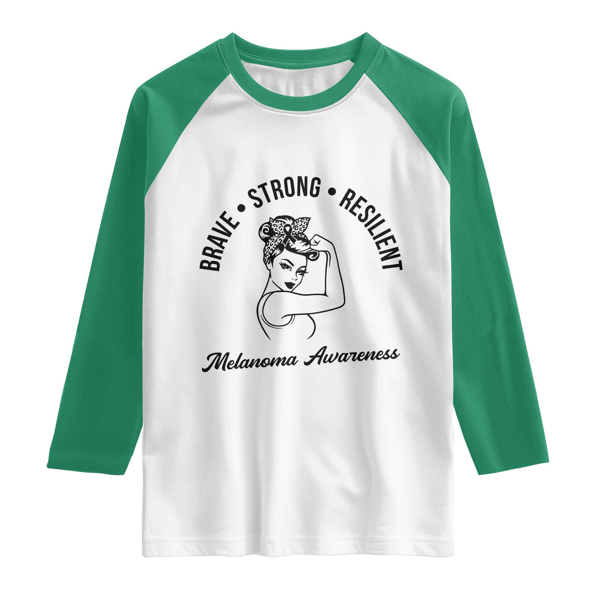 Melanoma Awareness Strong Woman Raglan Shirt Brave Strong Resilient Warrior TS12 White Kelly Green Print Your Wear