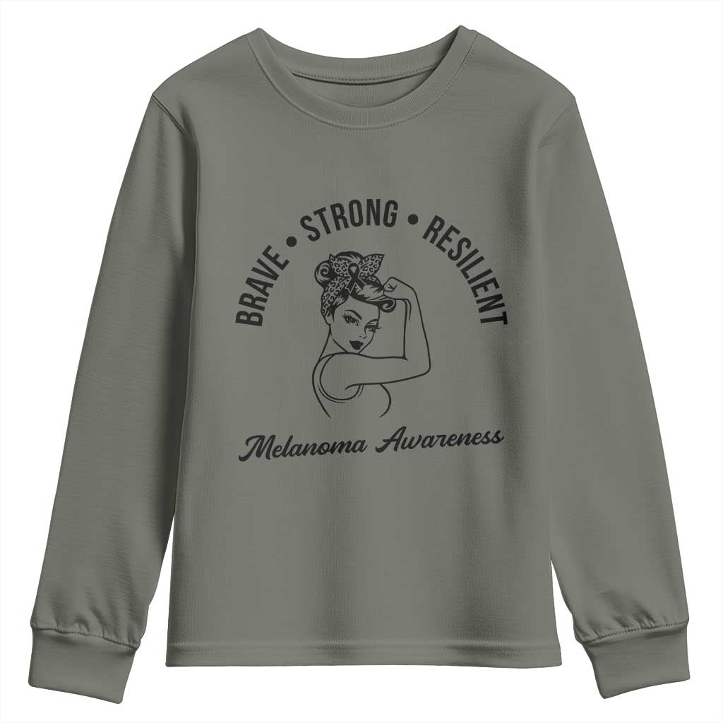 Melanoma Awareness Strong Woman Youth Sweatshirt Brave Strong Resilient Warrior TS12 Military Green Print Your Wear