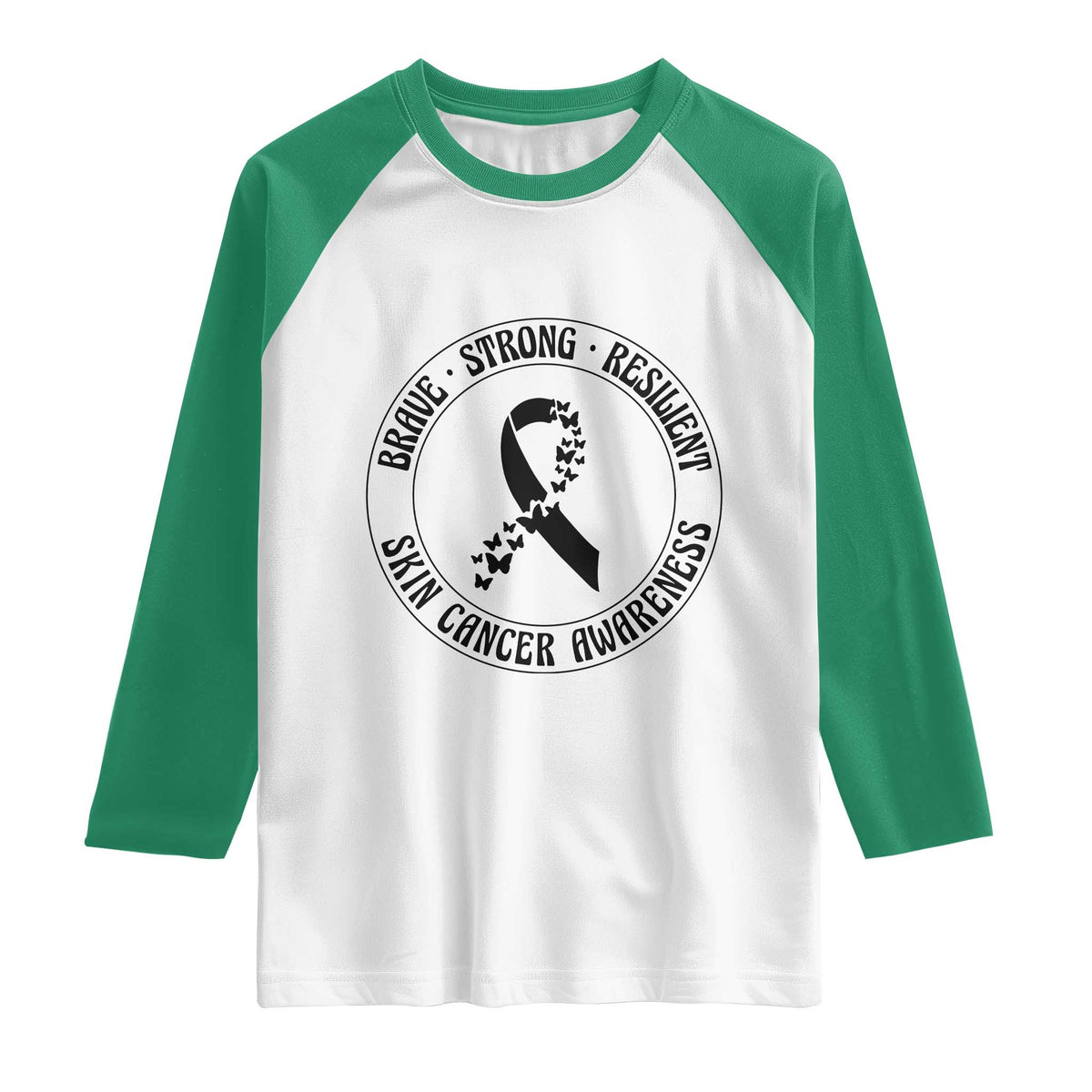 Melanoma Awareness Raglan Shirt Brave Strong Resilient Warrior TS12 White Kelly Green Print Your Wear