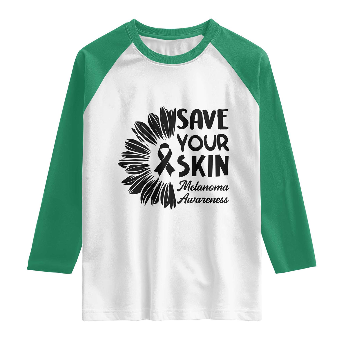 Skin Cancer Fighter Raglan Shirt Save Your Skin TS12 White Kelly Green Print Your Wear