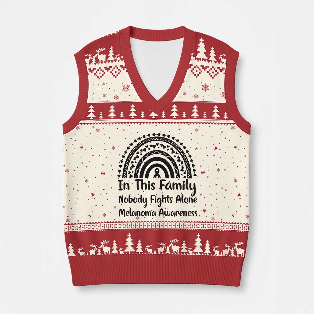 In This Family Nobody Fights Alone V-Neck Knit Sweater Vest Melanoma Warrior Support TS12 Beige Red Print Your Wear
