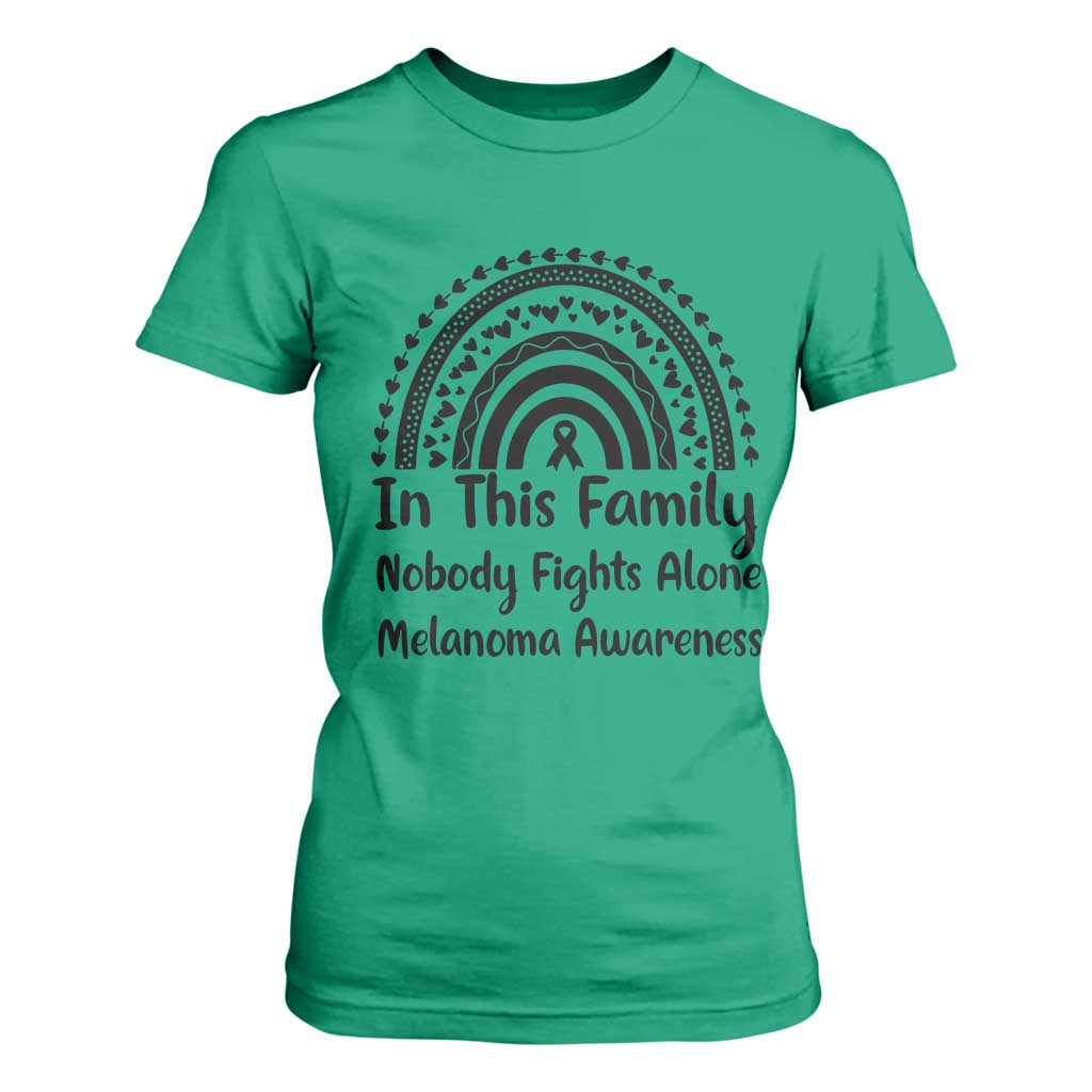 In This Family Nobody Fights Alone T Shirt For Women Melanoma Warrior Support TS12 Irish Green Print Your Wear